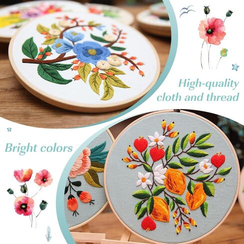 مجموعة تطريز للمبتدئين من 3 قطع، مجموعات غرز متقاطعة يدوية للبالغين والمبتدئين، مع اطواق تطريز، قماش مطرز بنمط زهور، ابر، خيوط ملونة، تعليمات، مقص، خيط ابر in Kuwait
