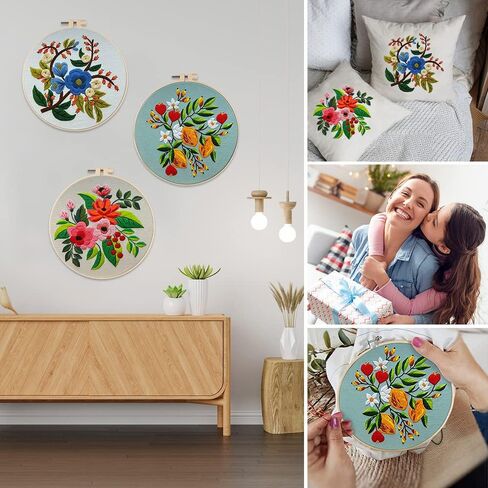 مجموعة تطريز للمبتدئين من 3 قطع، مجموعات غرز متقاطعة يدوية للبالغين والمبتدئين، مع اطواق تطريز، قماش مطرز بنمط زهور، ابر، خيوط ملونة، تعليمات، مقص، خيط ابر in Kuwait