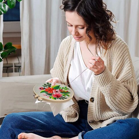 مجموعة تطريز للمبتدئين من 3 قطع، مجموعات غرز متقاطعة يدوية للبالغين والمبتدئين، مع اطواق تطريز، قماش مطرز بنمط زهور، ابر، خيوط ملونة، تعليمات، مقص، خيط ابر in Kuwait