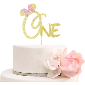 One Cake Topper, Mouse Inspired Theme Happy 1st Birthday Cake Toppers for Girls, Cartoon Mouse First Birthday Party Decorations, Gold Glitter