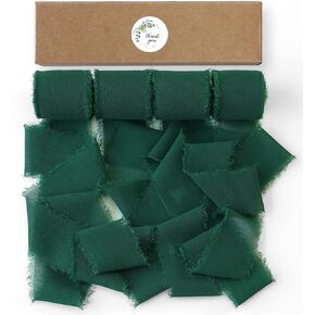 24Yd 4 Rolls Emerald Green Handmade Fringe Chiffon Silk Ribbons, 1.5" x 6Yd Emerald Chiffon Ribbons Set for Wedding Invitations, Gift Wrapping, Bouquet Wrap, Bridal Bouquets
