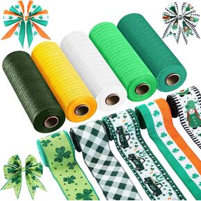 Woanger 10 لفات شريط عيد الميلاد تتضمن 5 لفات إكليل من الزهور الشبكية ديكور 5 لفات شريط سلكي لعيد الميلاد لفات شريطية معدنية بولي أحمر أخضر أبيض شريط تزيين DIY لحفلات إكليل الحرف اليدوية in Kuwait