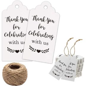 بطاقات شكر بعبارة Thank You for Celebrating with Us من 100 قطعة بلون ابيض لحفلات الزفاف واعياد الميلاد وحفلات استقبال المولود الجديد، بطاقات هدايا ورقية مع خيط من الجوت بطول 100 قدم in Kuwait