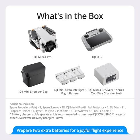 طائرة بدون طيار DJI Mini 4 Pro قابلة للطي مع جهاز تحكم RC 2 (مع شاشة) فيديو 4K HDR، أقل من 249 جرام، وقت طيران 34 دقيقة، حزمة استشعار رؤية شاملة الاتجاهات مع خطة تحديث DJI Care وملحقاتها لمدة عام in Kuwait