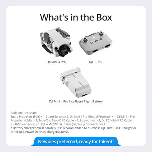 طائرة بدون طيار DJI Mini 4 Pro قابلة للطي مع جهاز تحكم RC 2 (مع شاشة) فيديو 4K HDR، أقل من 249 جرام، وقت طيران 34 دقيقة، حزمة استشعار رؤية شاملة الاتجاهات مع خطة تحديث DJI Care وملحقاتها لمدة عام in Kuwait