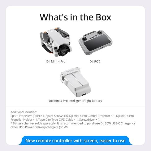 طائرة بدون طيار DJI Mini 4 Pro قابلة للطي مع جهاز تحكم RC 2 (مع شاشة) فيديو 4K HDR، أقل من 249 جرام، وقت طيران 34 دقيقة، حزمة استشعار رؤية شاملة الاتجاهات مع خطة تحديث DJI Care وملحقاتها لمدة عام in Kuwait
