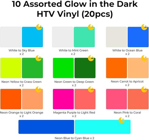 Glow in The Dark HTV Heat Transfer Vinyl, 20 Pack 12"x 10" Glow in The Dark HTV Vinyl Sheets, 10 Assorted Color Iron On Vinyl for T Shirts, Glow in The Dark Vinyl Starter Kit in Kuwait