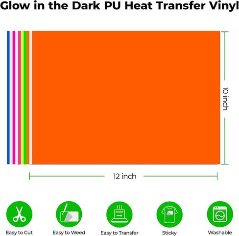 Glow in The Dark HTV Heat Transfer Vinyl, 20 Pack 12"x 10" Glow in The Dark HTV Vinyl Sheets, 10 Assorted Color Iron On Vinyl for T Shirts, Glow in The Dark Vinyl Starter Kit in Kuwait