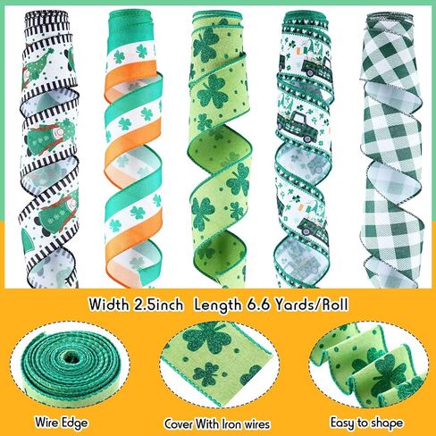 Woanger 10 لفات شريط عيد الميلاد تتضمن 5 لفات إكليل من الزهور الشبكية ديكور 5 لفات شريط سلكي لعيد الميلاد لفات شريطية معدنية بولي أحمر أخضر أبيض شريط تزيين DIY لحفلات إكليل الحرف اليدوية in Kuwait