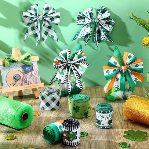 Woanger 10 لفات شريط عيد الميلاد تتضمن 5 لفات إكليل من الزهور الشبكية ديكور 5 لفات شريط سلكي لعيد الميلاد لفات شريطية معدنية بولي أحمر أخضر أبيض شريط تزيين DIY لحفلات إكليل الحرف اليدوية in Kuwait