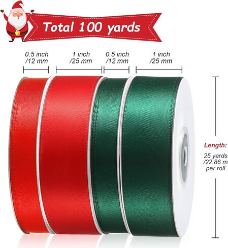 4 Pieces Christmas Satin Ribbons Double Faced Polyester Ribbon Wrapping Satin Ribbons 0.47 Inch and 0.98 Inch Wide, 25 Yards for Christmas Decor Wedding Party Wrapping DIY Craft Making, Red and Green in Saudi Arabia