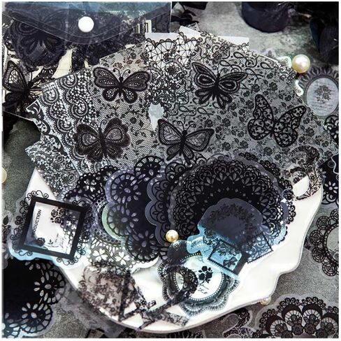 Vilikya 110pcs Black Lace Stickers for Scrapbooking Supplies, Aesthetic Doilies Butterfly Stickers for Journaling Embellishment, Vintage Flower Lace Scrapbook Paper for Junk Journal Ephemera in Kuwait