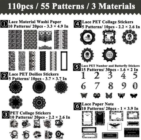 Vilikya 110pcs Black Lace Stickers for Scrapbooking Supplies, Aesthetic Doilies Butterfly Stickers for Journaling Embellishment, Vintage Flower Lace Scrapbook Paper for Junk Journal Ephemera in Kuwait