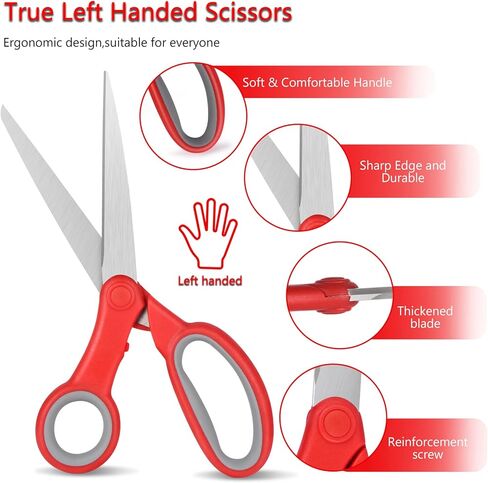 Left Handed Scissors, 8" All Purpose Lefty Stainless Steel Scissors for Adults School Student Kids, Great for Craft, Office, Sewing, Fabric, Red (1 Pack) in Kuwait