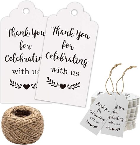 بطاقات شكر بعبارة Thank You for Celebrating with Us من 100 قطعة بلون ابيض لحفلات الزفاف واعياد الميلاد وحفلات استقبال المولود الجديد، بطاقات هدايا ورقية مع خيط من الجوت بطول 100 قدم in Kuwait