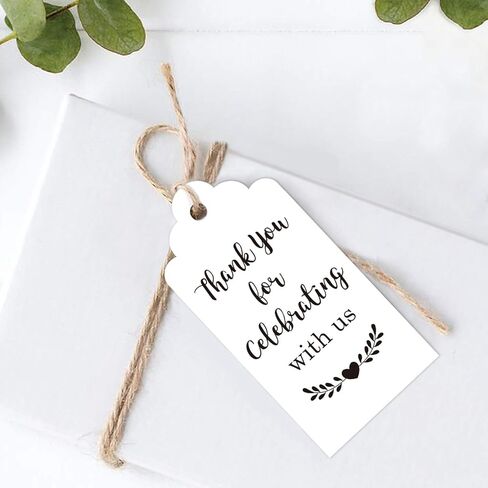 بطاقات شكر بعبارة Thank You for Celebrating with Us من 100 قطعة بلون ابيض لحفلات الزفاف واعياد الميلاد وحفلات استقبال المولود الجديد، بطاقات هدايا ورقية مع خيط من الجوت بطول 100 قدم in Kuwait
