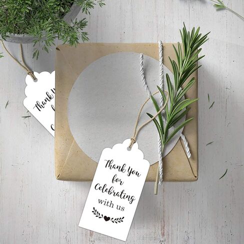 بطاقات شكر بعبارة Thank You for Celebrating with Us من 100 قطعة بلون ابيض لحفلات الزفاف واعياد الميلاد وحفلات استقبال المولود الجديد، بطاقات هدايا ورقية مع خيط من الجوت بطول 100 قدم in Kuwait