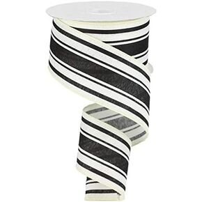 Farmhouse Stripe on Canvas Wired Edge Ribbon - 2.5" x 10 Yards (Ivory, Black) in Kuwait