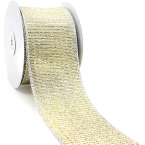 شريط سلكي مخطط معدني من CT CRAFT LLC لديكور المنزل، تغليف الهدايا، الحرف اليدوية، 2.5 بوصة × 10 ياردات × 1 لفة - فضي مع ذهبي in Kuwait