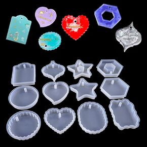 FineInno 12 Pcs Pendants Resin Molds Geometry Silicone Mold with Hanging Holes Star Hexagon Heart Round Oval Jewelry Casting Mold for Epoxy Resin in Kuwait