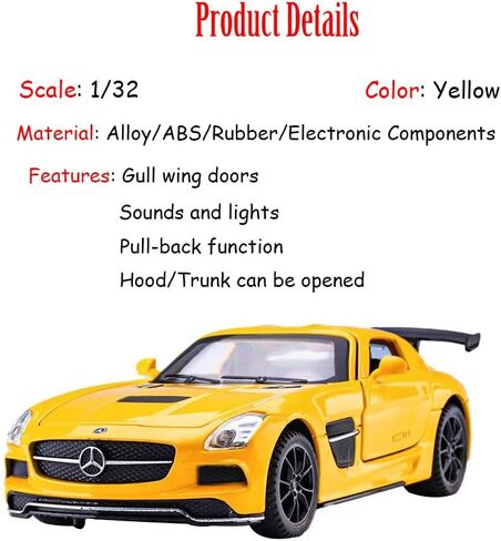 iLooboo Alloy Collectible Yellow Benz SLS AMG Toy Vehicle Pull Back Die-Cast Car Model with Lights and Sound in Kuwait