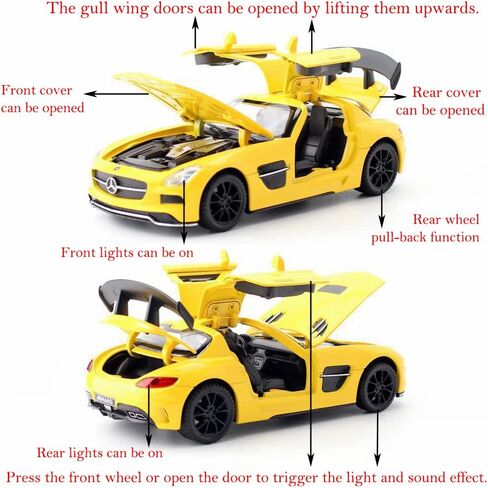 iLooboo Alloy Collectible Yellow Benz SLS AMG Toy Vehicle Pull Back Die-Cast Car Model with Lights and Sound in Kuwait