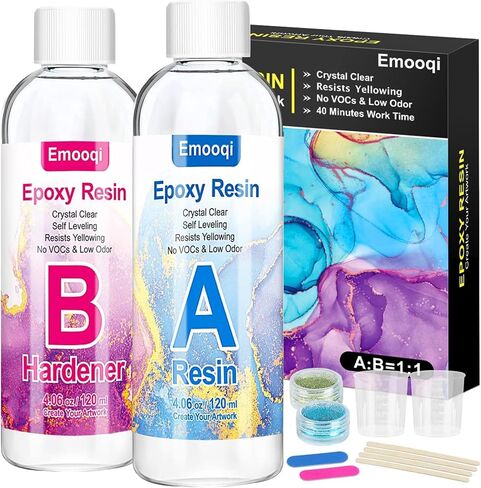 Epoxy Resin Kit, Emooqi 8.12 oz Epoxy Resin AB Set,Including Resin (4.06 oz) and Curing Agent (4.06 oz), 1:1 Ratio is Easy to Mix, Suitable for Jewelry, Arts, Crafts in Kuwait