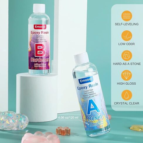 Epoxy Resin Kit, Emooqi 8.12 oz Epoxy Resin AB Set,Including Resin (4.06 oz) and Curing Agent (4.06 oz), 1:1 Ratio is Easy to Mix, Suitable for Jewelry, Arts, Crafts in Kuwait