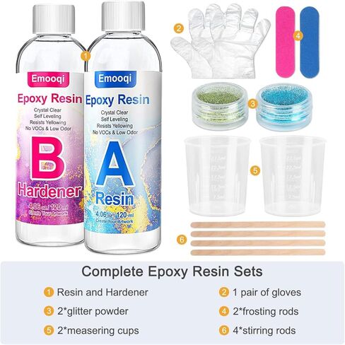 Epoxy Resin Kit, Emooqi 8.12 oz Epoxy Resin AB Set,Including Resin (4.06 oz) and Curing Agent (4.06 oz), 1:1 Ratio is Easy to Mix, Suitable for Jewelry, Arts, Crafts in Kuwait