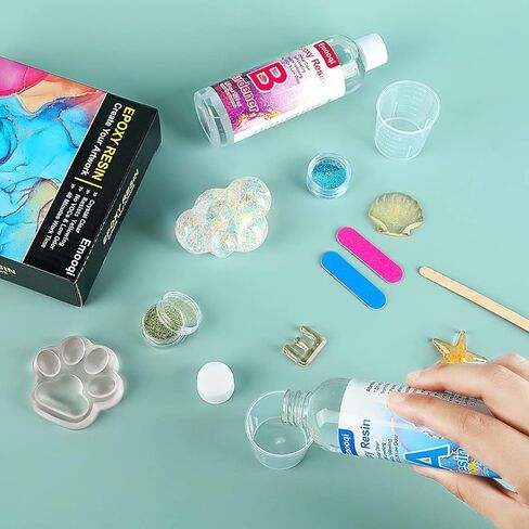 Epoxy Resin Kit, Emooqi 8.12 oz Epoxy Resin AB Set,Including Resin (4.06 oz) and Curing Agent (4.06 oz), 1:1 Ratio is Easy to Mix, Suitable for Jewelry, Arts, Crafts in Kuwait