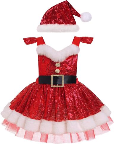 IMEKIS Toddler Girls Christmas Santa Costume Sequin Princess Dress Romper with Hat Halloween Cosplay Outfit Photo Shoot in Kuwait