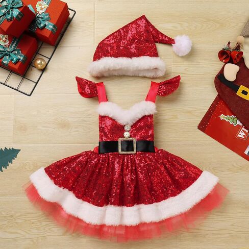 IMEKIS Toddler Girls Christmas Santa Costume Sequin Princess Dress Romper with Hat Halloween Cosplay Outfit Photo Shoot in Kuwait