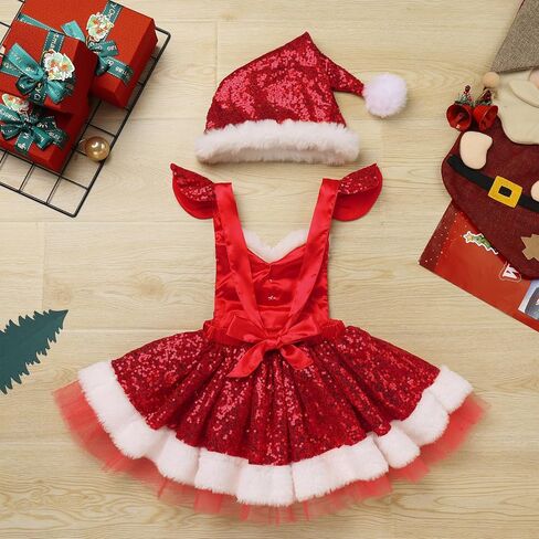IMEKIS Toddler Girls Christmas Santa Costume Sequin Princess Dress Romper with Hat Halloween Cosplay Outfit Photo Shoot in Kuwait