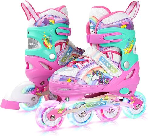 Unicorn Rainbow Inline Skates for Girls Teens Womans,4-Pejiijar Roller Skates for Girls Ages 6-8-12 w/Luminous Wheels,Kids Adjustable Roller Shoes for Birthday Xmas Gifts in Saudi Arabia