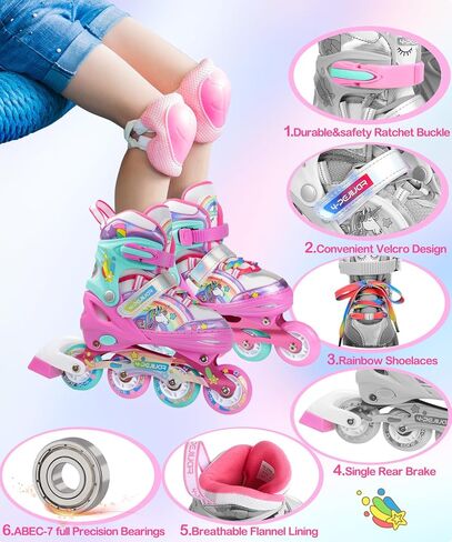 Unicorn Rainbow Inline Skates for Girls Teens Womans,4-Pejiijar Roller Skates for Girls Ages 6-8-12 w/Luminous Wheels,Kids Adjustable Roller Shoes for Birthday Xmas Gifts in Saudi Arabia