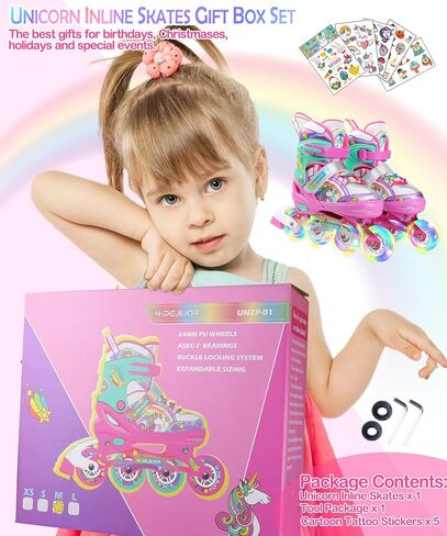 Unicorn Rainbow Inline Skates for Girls Teens Womans,4-Pejiijar Roller Skates for Girls Ages 6-8-12 w/Luminous Wheels,Kids Adjustable Roller Shoes for Birthday Xmas Gifts in Saudi Arabia