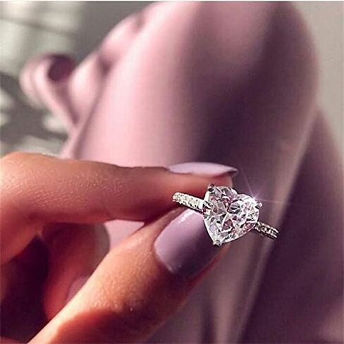 AZQ 925 Sterling Silver Round Perfect Cut 3ct Single Stone Shiny Heart Rings CZ Cubic Zirconia Promise Love Halo Engagement Wedding Band Eternity Ring for Women in Saudi Arabia