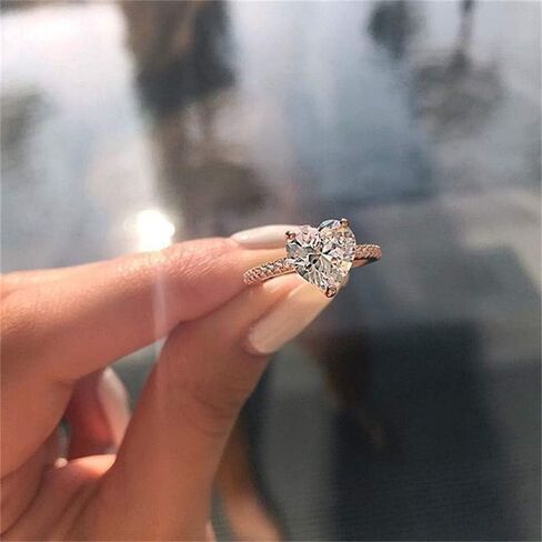 AZQ 925 Sterling Silver Round Perfect Cut 3ct Single Stone Shiny Heart Rings CZ Cubic Zirconia Promise Love Halo Engagement Wedding Band Eternity Ring for Women in Saudi Arabia