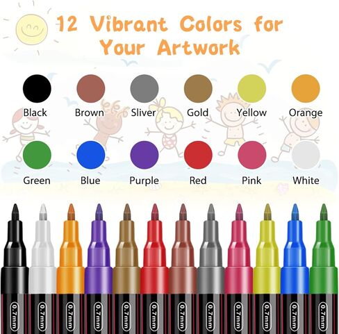 أقلام طلاء أكريليك من ريني، 12 لونًا قلم طلاء أكريليك لأقلام طلاء الصخور من قماش السيراميك والزجاج المعدني، 0.7 مم أقلام تحديد ذات أطراف دقيقة in Kuwait
