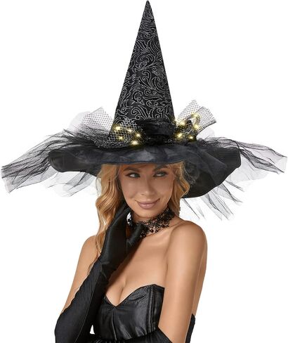 QinYing Black Halloween Costume LED Light Witch Hats for Women Steeple Top with Lamp for Party Black in Kuwait