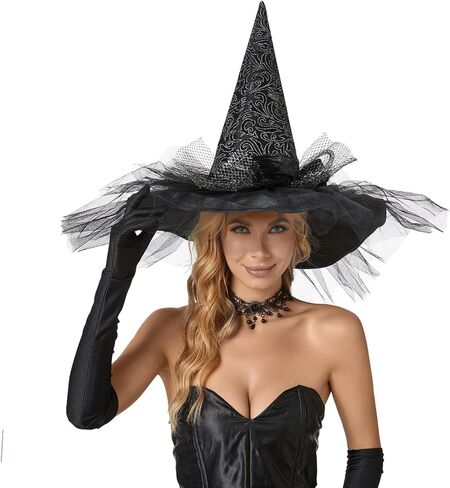 QinYing Black Halloween Costume LED Light Witch Hats for Women Steeple Top with Lamp for Party Black in Kuwait