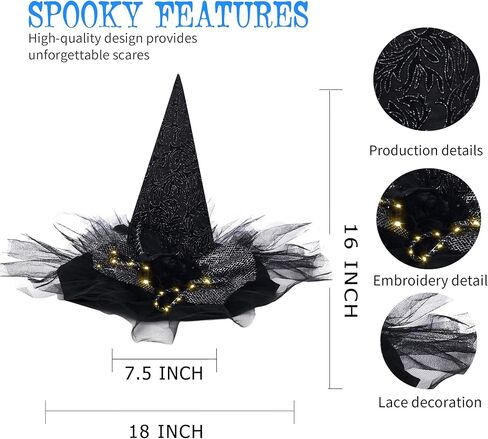 QinYing Black Halloween Costume LED Light Witch Hats for Women Steeple Top with Lamp for Party Black in Kuwait