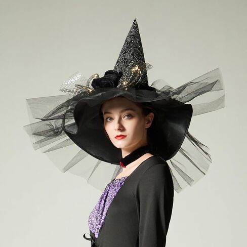 QinYing Black Halloween Costume LED Light Witch Hats for Women Steeple Top with Lamp for Party Black in Kuwait