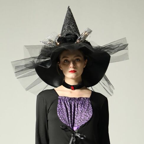 QinYing Black Halloween Costume LED Light Witch Hats for Women Steeple Top with Lamp for Party Black in Kuwait