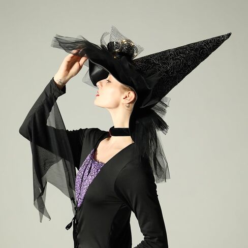QinYing Black Halloween Costume LED Light Witch Hats for Women Steeple Top with Lamp for Party Black in Kuwait