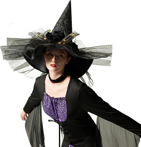 QinYing Black Halloween Costume LED Light Witch Hats for Women Steeple Top with Lamp for Party Black in Kuwait
