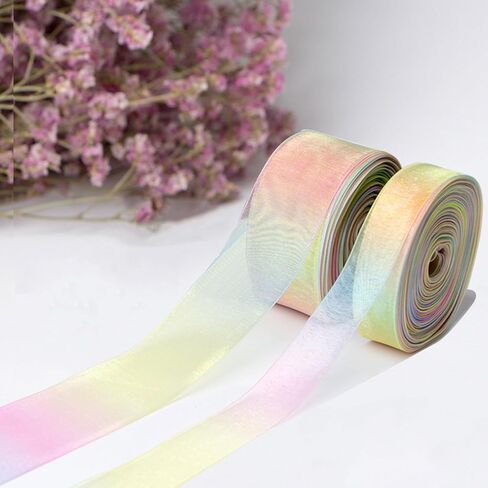 Sheer Organza Ribbons Chiffon Ribbon, 2 Rolls 1" 1.5" Width Rainbow Shimmer Ribbon Band for Gift Wrapping, Hair Bow, Wedding, Party Decoration Gradient Pink in Kuwait