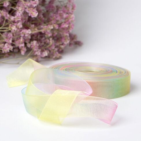 Sheer Organza Ribbons Chiffon Ribbon, 2 Rolls 1" 1.5" Width Rainbow Shimmer Ribbon Band for Gift Wrapping, Hair Bow, Wedding, Party Decoration Gradient Pink in Kuwait