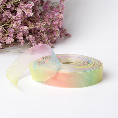 Sheer Organza Ribbons Chiffon Ribbon, 2 Rolls 1" 1.5" Width Rainbow Shimmer Ribbon Band for Gift Wrapping, Hair Bow, Wedding, Party Decoration Gradient Pink in Kuwait