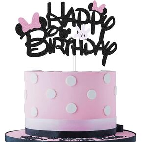 Pink and Black Glitter Minnie Inspired Happy Birthday Cake Topper with Pink Bows and White Gloves Girls Birthday Party Decorations Supplies